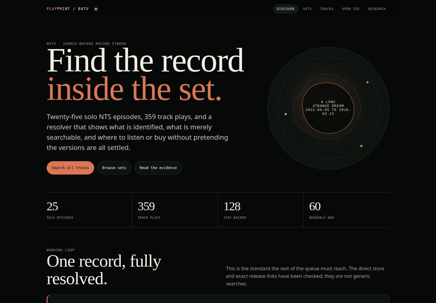 Desktop DJ Playprint prototype showing the Batu discovery view and source-backed track lanes