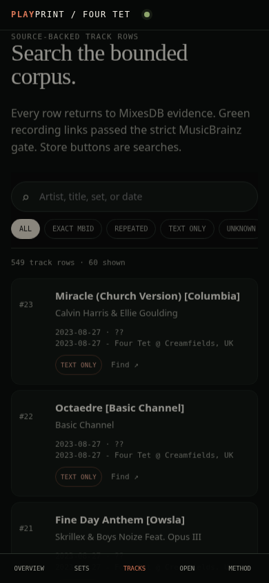 Mobile Four Tet DJ Playprint profile showing source-backed track rows