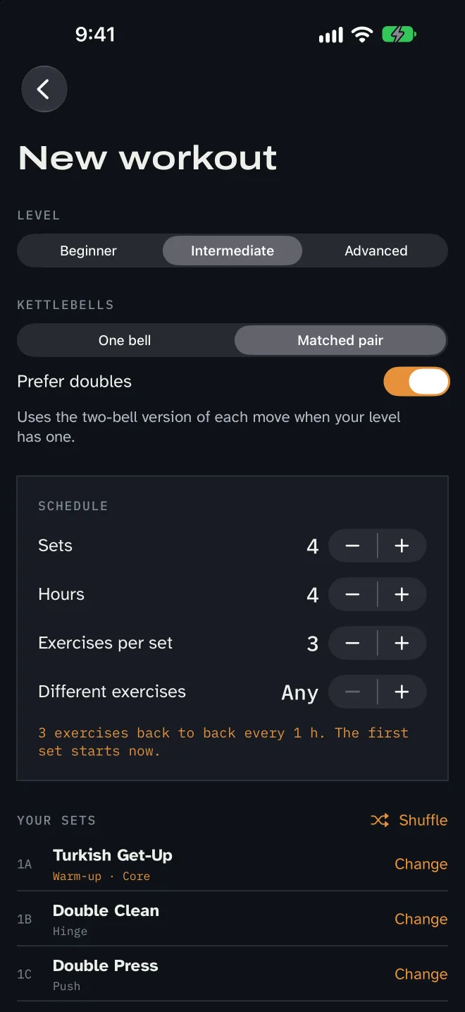 Setup screen for an intermediate workout with a matched pair and Prefer doubles on: 4 sets over 4 hours, 3 exercises per set, and the first set listed as 1A, 1B and 1C with Change and Shuffle options.