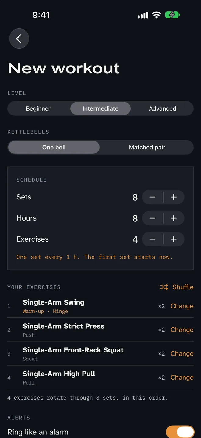 Setup screen showing level, one bell or a matched pair, sets, hours, and the list of chosen exercises with Change and Shuffle options.