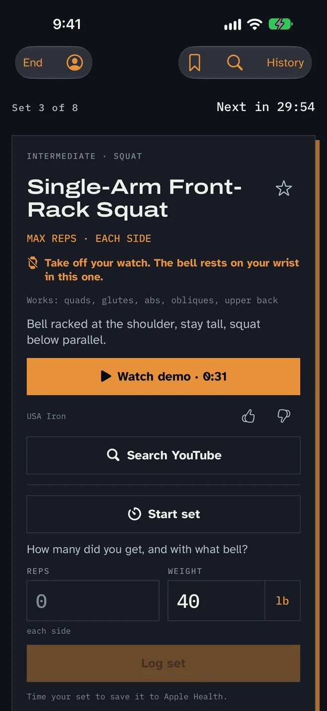 Workout screen for set 3 of 8 with a countdown to the next set, a Single-Arm Front-Rack Squat card, a watch-off warning, a demo video button, and empty rep and weight fields.