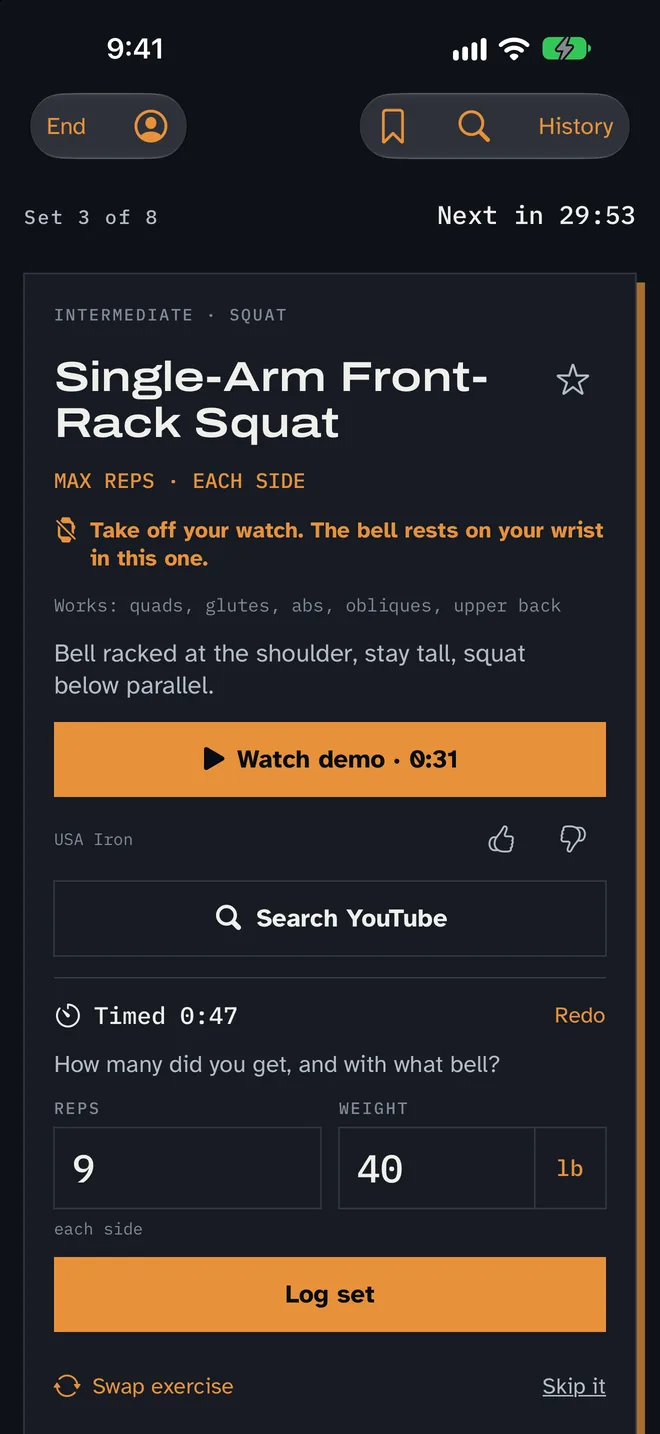 The same exercise card after a 47 second timed set, with 9 reps and 40 lb entered, a Log set button, and Swap exercise and Skip it links.