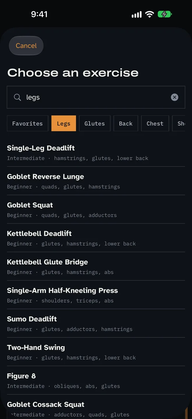 Choose an exercise list filtered to Legs, showing squat, deadlift and lunge variations with level and muscles worked.