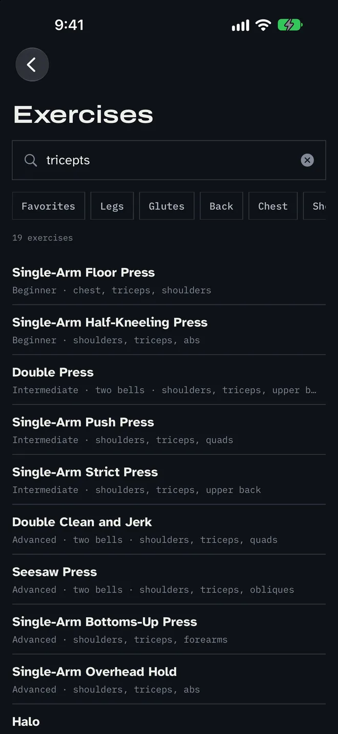 Exercises search for the misspelled word tricepts, returning 19 press exercises that work the triceps.