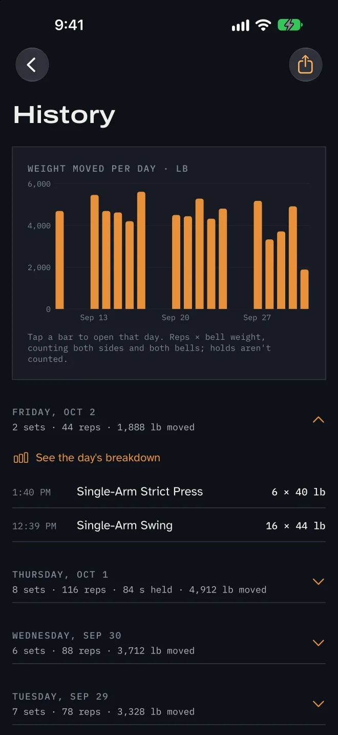 History screen with a bar chart of weight moved per day, today open with its sets, and earlier days folded to one line of totals.