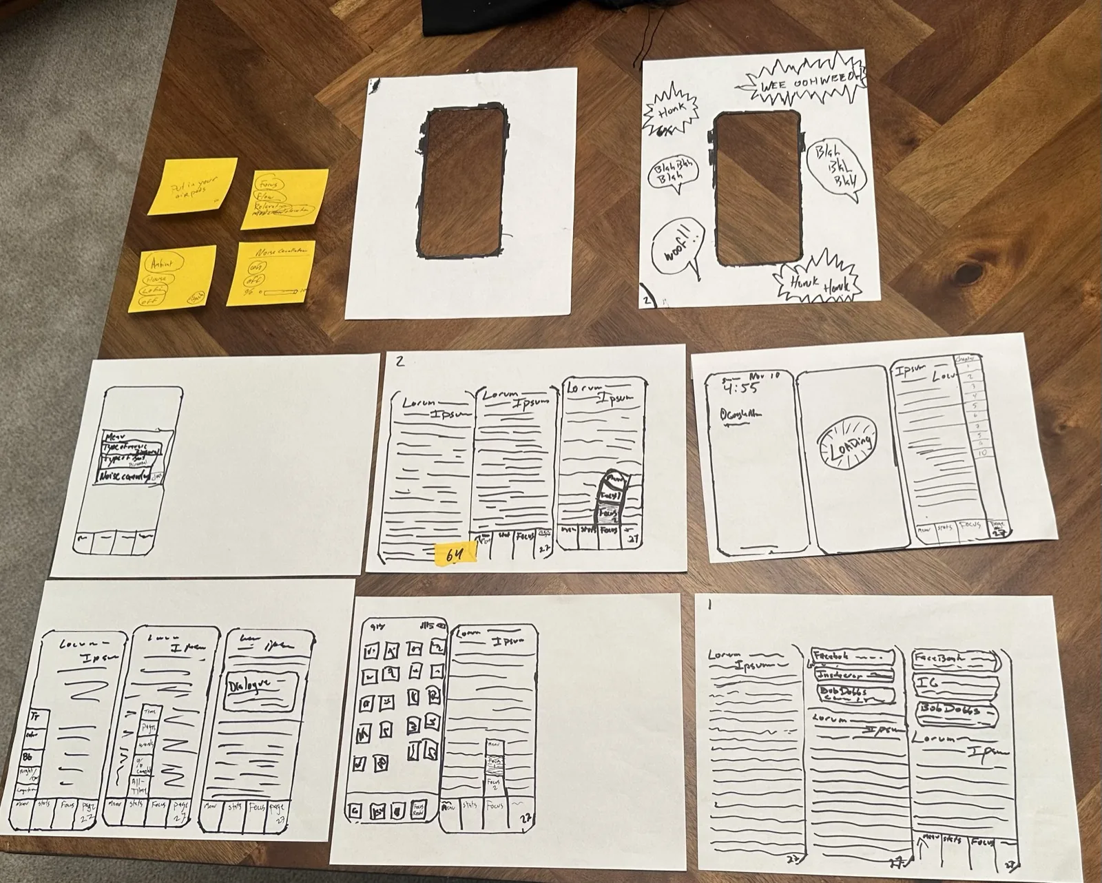 Paper prototype laid out on a table: a quiet phone frame, a loud phone frame surrounded by drawn speech bubbles, sticky notes, and six sheets of hand-drawn reader screens