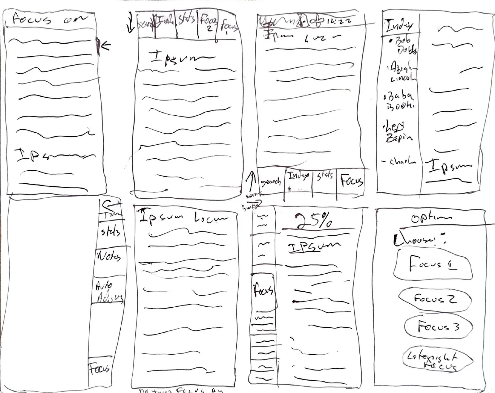 Eight rough phone screens sketched in marker: reading pages, a stats sidebar, a progress view, and an options screen listing Focus 1, Focus 2, Focus 3, and a fourth Focus option