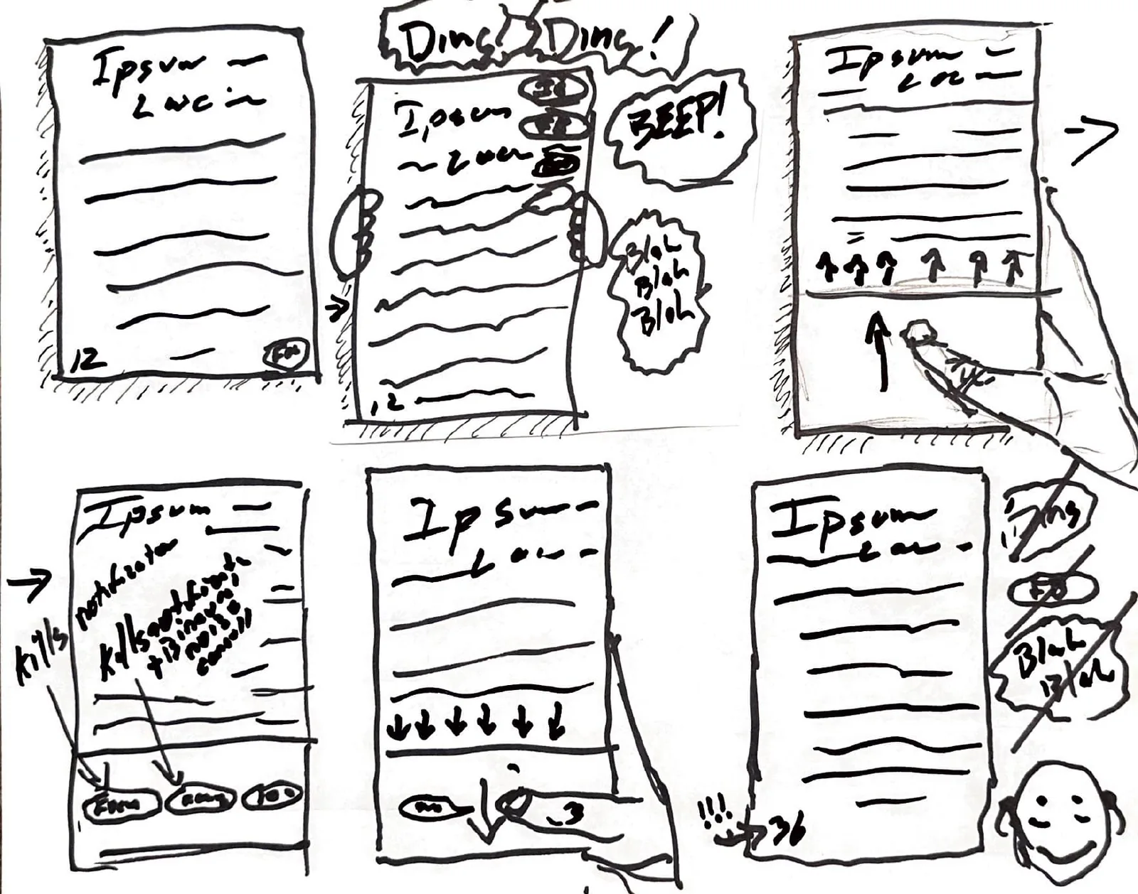 Six-panel storyboard: a reading page, the same page buried in dings, beeps, and chatter, a swipe up to reveal controls, the Focus levels appearing, a tap, and a quiet page with a smiling reader