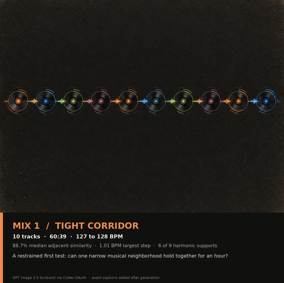 Ten record nodes connected in a narrow, tightly controlled sonic corridor for Music Atlas Mix 1.
