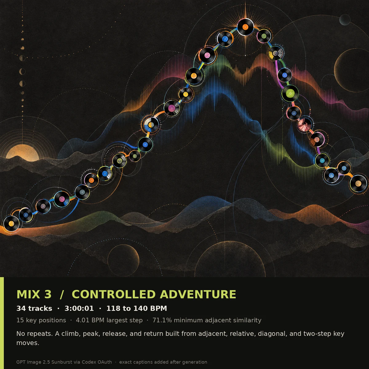 Thirty-four unique record nodes climbing and returning through varied tempo and harmonic routes for Music Atlas Mix 3.