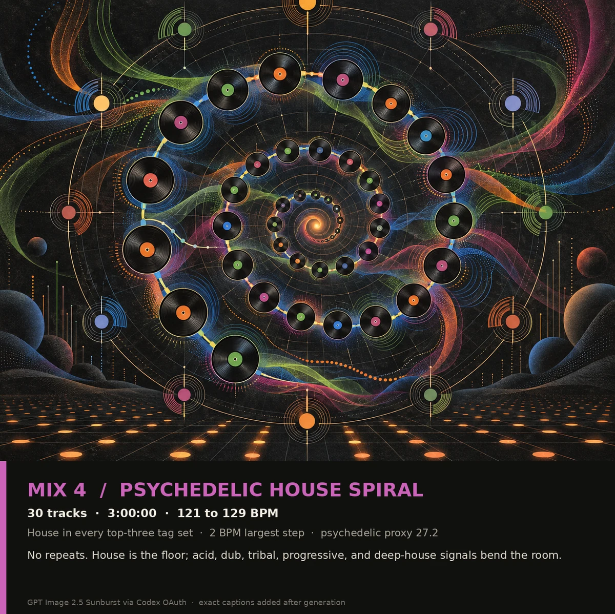 Thirty psychedelic house record nodes forming an acid-colored spiral for Music Atlas Mix 4.