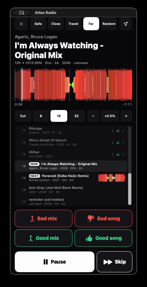 After the blend: the incoming track is now playing at the matched tempo.