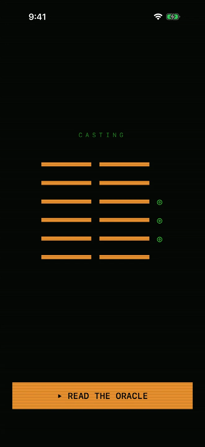 Casting screen with six hexagram lines in orange, green rings beside the changing lines, and a Read the Oracle button.