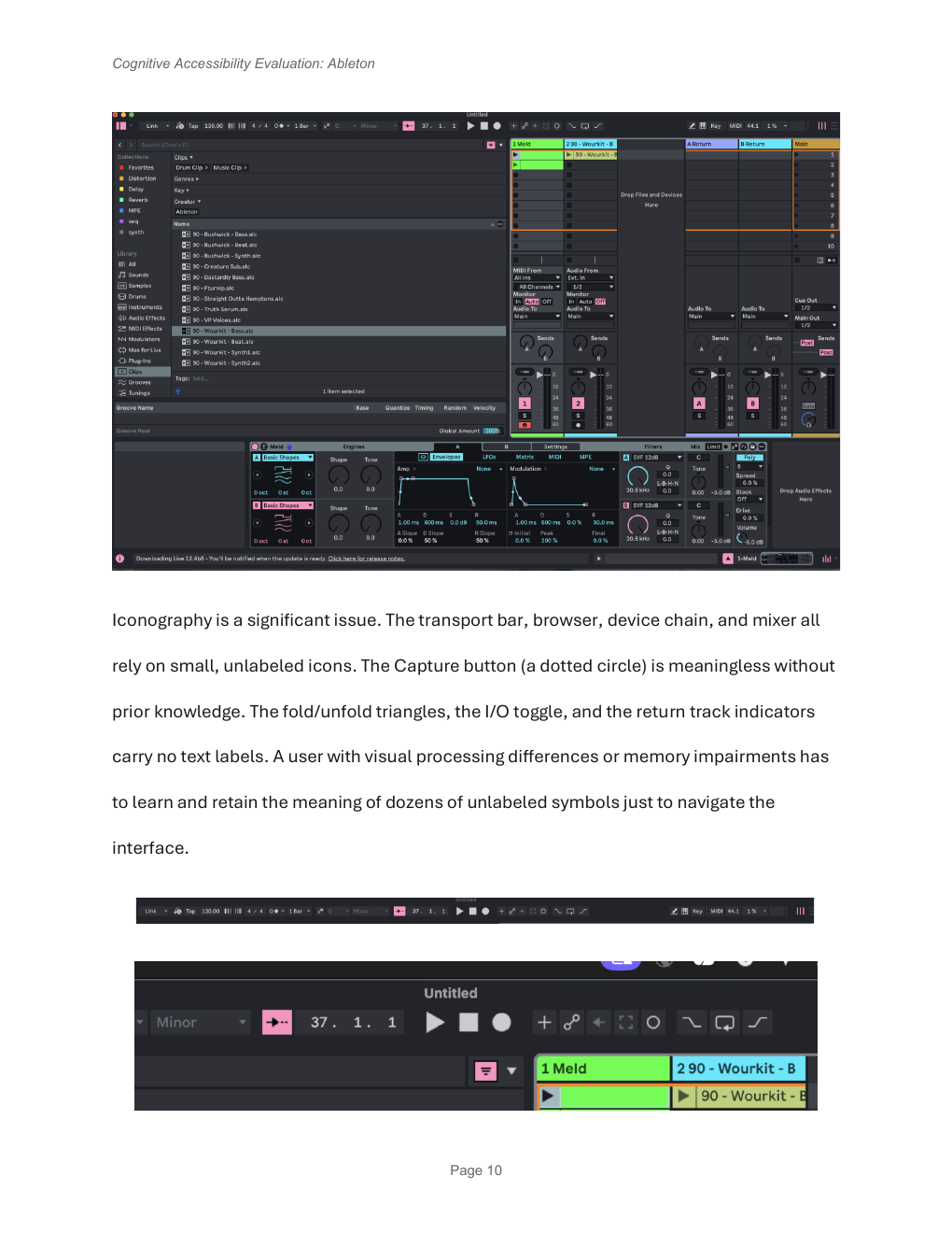 Original Ableton cognitive accessibility evaluation page discussing the dotted-circle Capture button and icon labeling