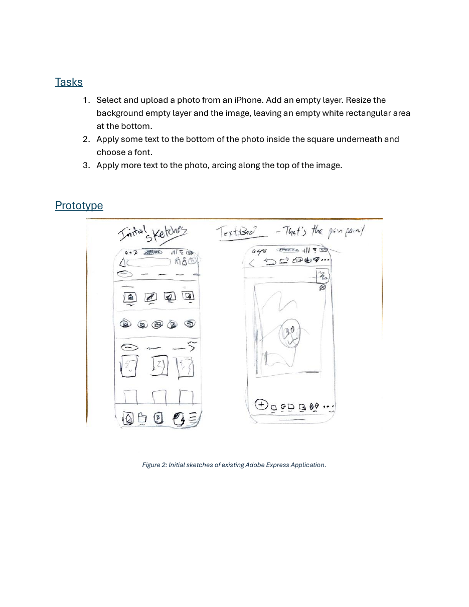 Original Adobe Express paper-prototyping submission page showing task framing and initial sketches