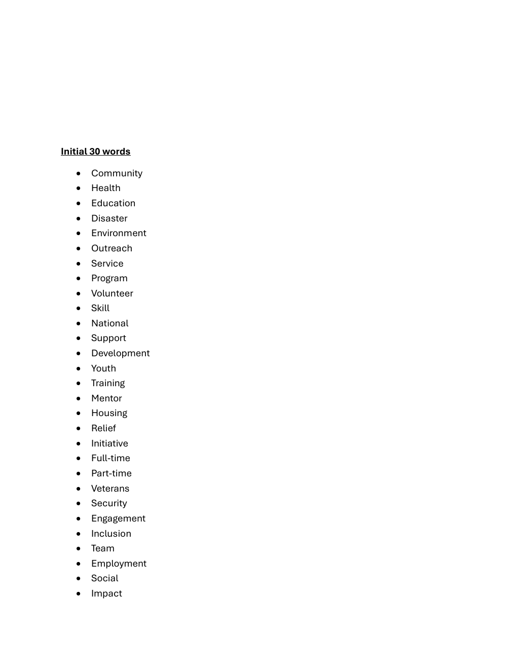 Original AmeriCorps card-sorting assignment page showing the author’s four initial grouping labels