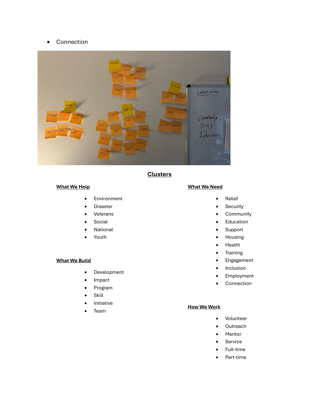 Original AmeriCorps card-sorting assignment page showing the author’s four initial grouping labels