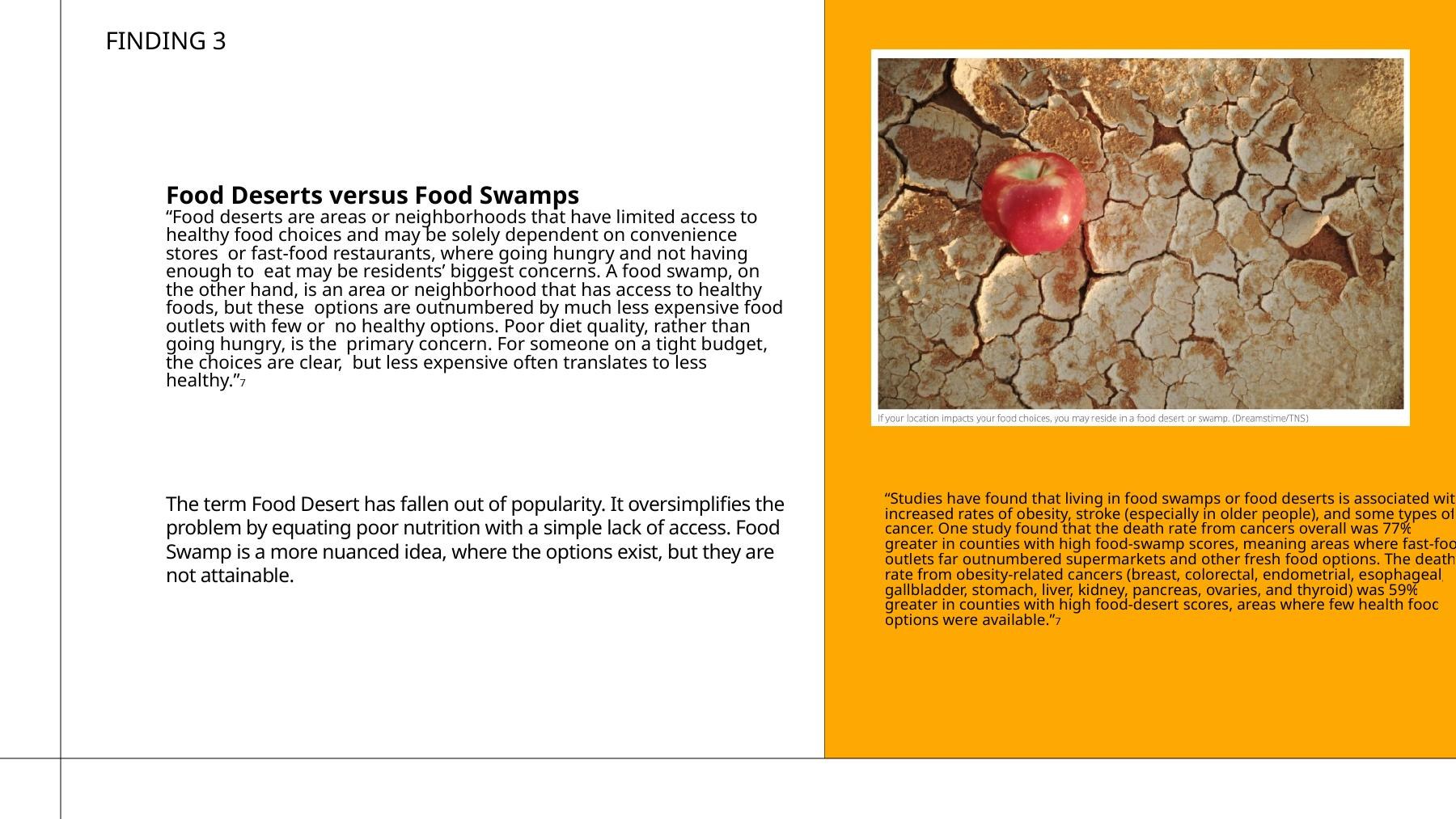 Report slide explaining food deserts and food swamps as food access patterns