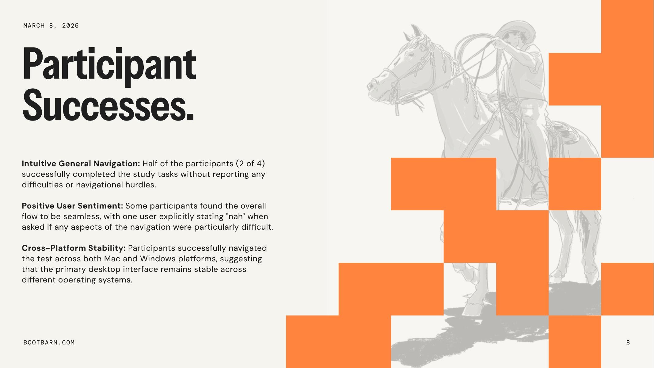 Report slide summarizing participant successes in the Boot Barn usability study