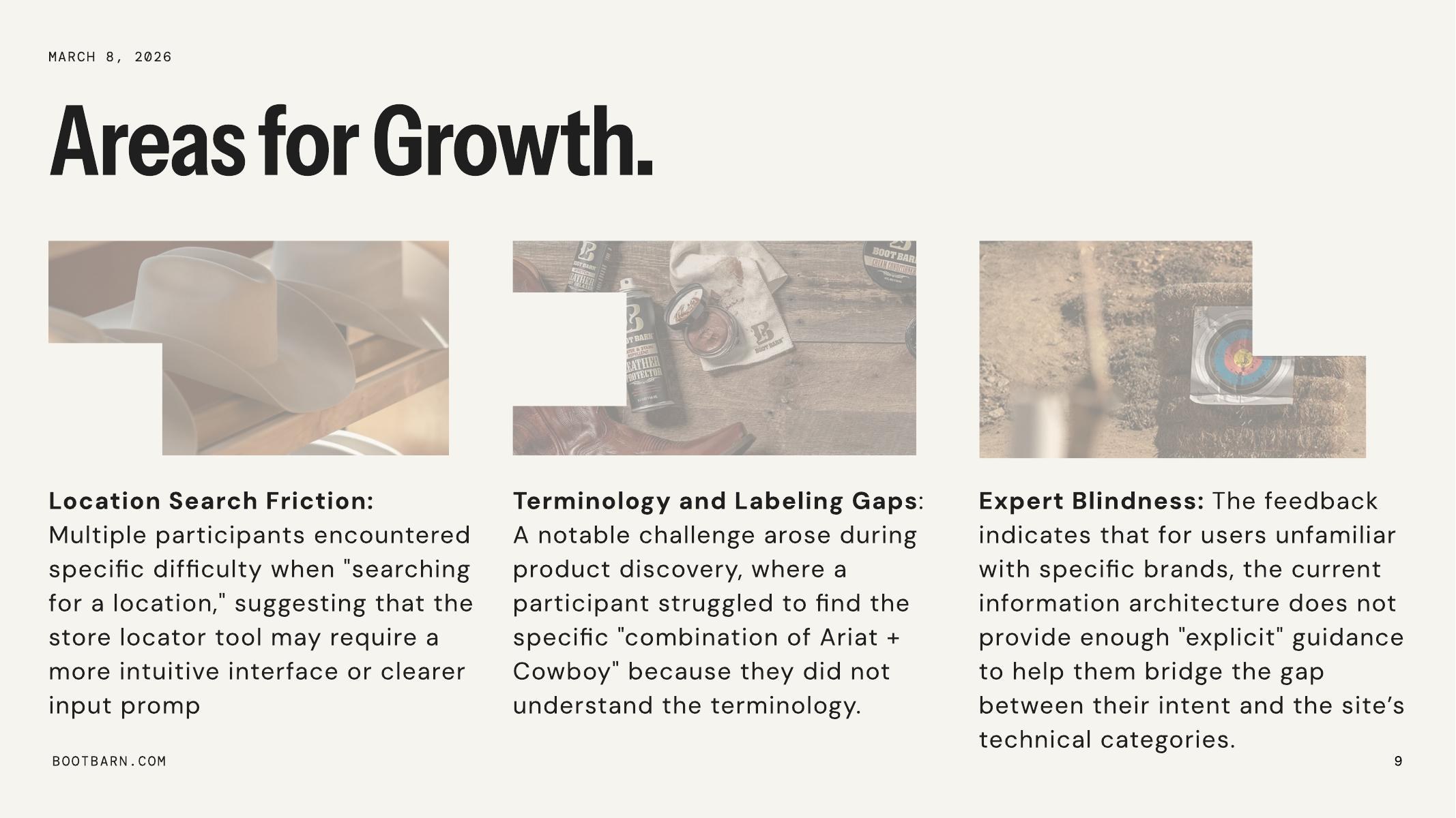 Report slide summarizing areas for growth in the Boot Barn usability study
