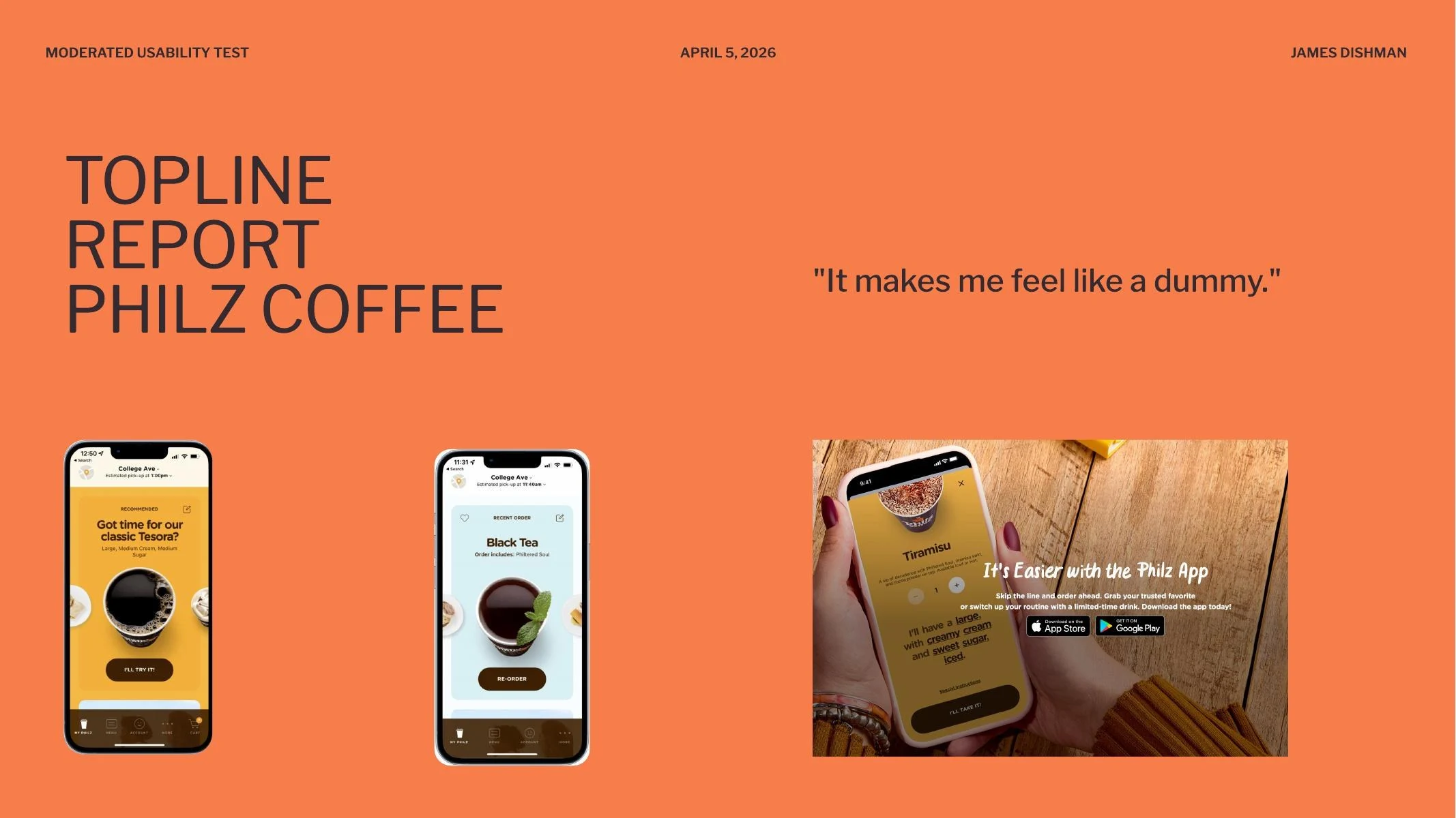 Topline report cover slide for a Philz Coffee mobile usability study, showing app screenshots and a phone-in-hand image