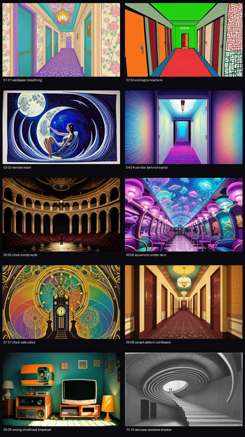 Contact sheet of ten independently generated Bad Trip graphics